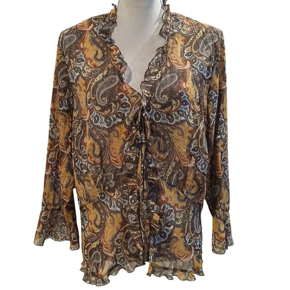 Studio 1940 Womens XL Paisley Ruffle Tie Front Blouse Gold Sheer Orange - Read